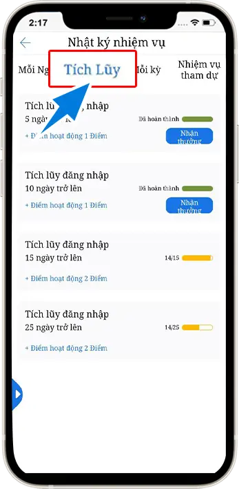 B3 : Chọn " Nhật ký nhiệm vụ " sau đó chọn tiếp vào  " Tích lũy "